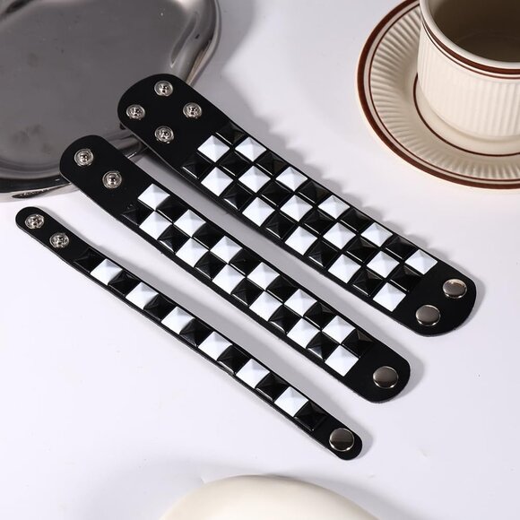 3 Piece Faux Leather Punk Bracelets Black White Checkered Studded Adjustable - Picture 4 of 4